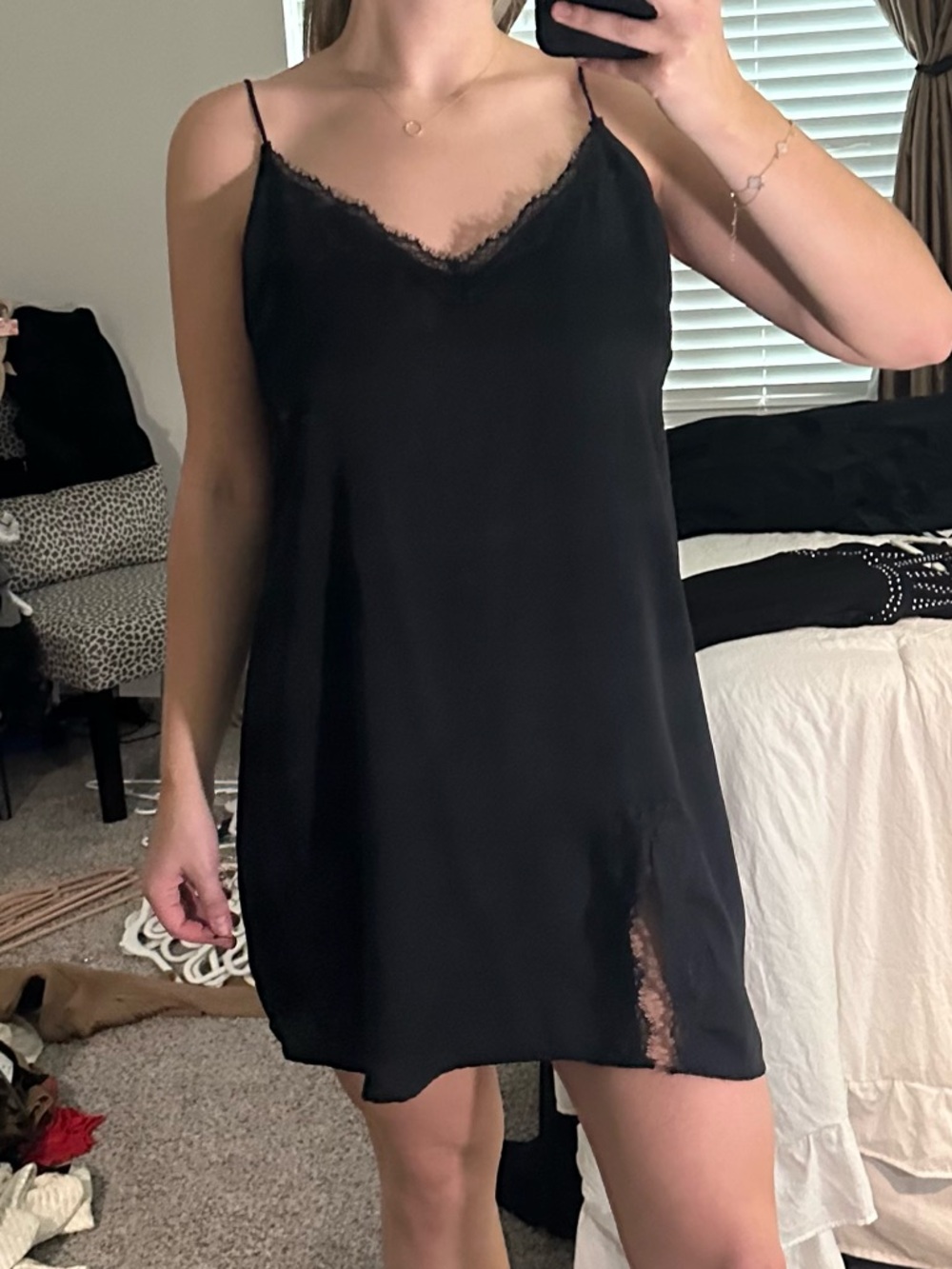 Free People Black Satin Lace-Trim Slip Dress